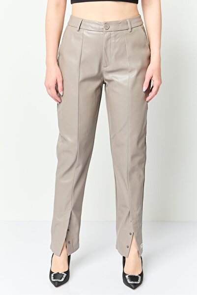 The Giving Movement Women Skinny Fit Leather Straight Pants, Grey