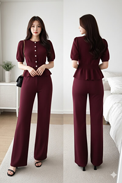 Moda Luvia Bisiklet yaka beli lastikli kısa kol ve pantolon triko mevsimlik