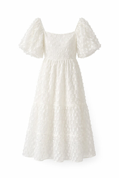 HAZELANNA Balon Kollu Beyaz Elbise