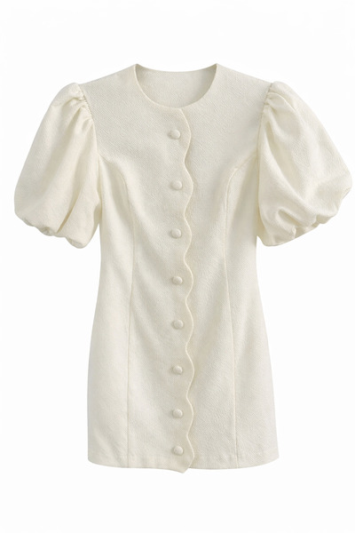 HAZELANNA Dalga Düğmeli Balon Kol Beyaz Elbise