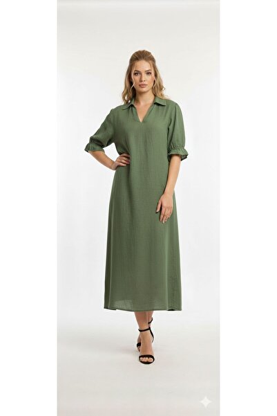 Cb Made In Italy %100 İtalyan Keteni Polo V Yaka Rahat Kalıp Maxi Boy Elbise ...