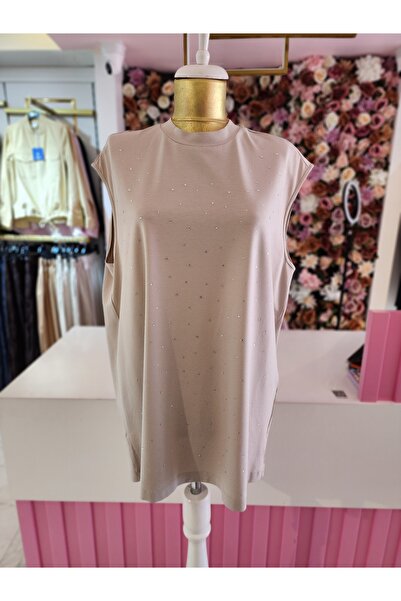 Kayra kadın taş rengi önü taşlı kolsuz bluz