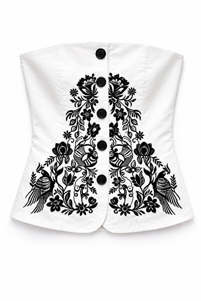 HAZELANNA Contrast Embroidery Strapless White Blouse