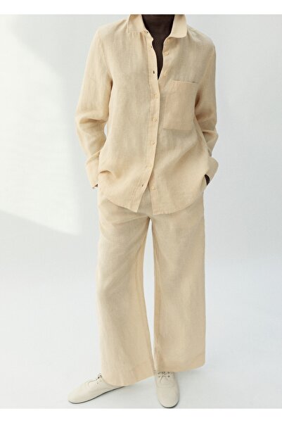 MANGO Woman Düz kesim keten pantolon