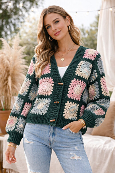 lunera Handmade Square Motif Cardigan – Boho Style Knitted Women's Cardigan, ...