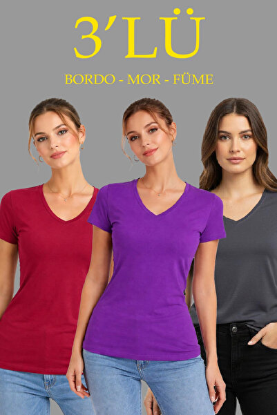 LUMİART Women's 3-Pack V-Neck T-Shirt – Short Sleeve Summer Slim Fit Body - B...