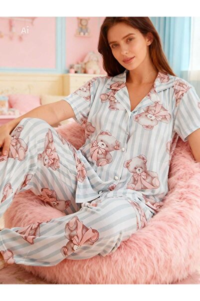 NiCe İç Giyim Pink Teddy Bear Pattern Striped Milan Fabric Shirt Collar Soft ...