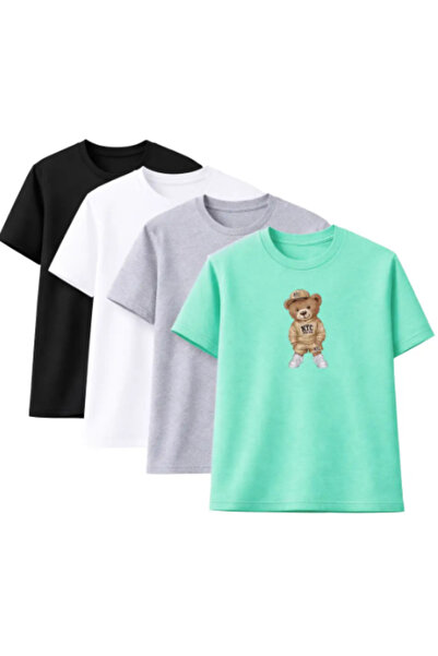 Sweetline تي شيرت كبير الحجم للجنسين NYC Teddy Bear مطبوع - عبوة من 4 قطع بال...