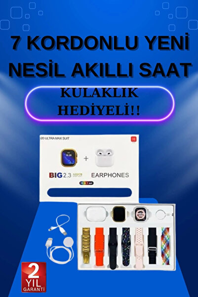 Mey İthalat® Akıllı Saat 7 Kordonlu Kulaklık Hediyeli Nabız Ölçer Uyku Takibi Sesli Görüşme