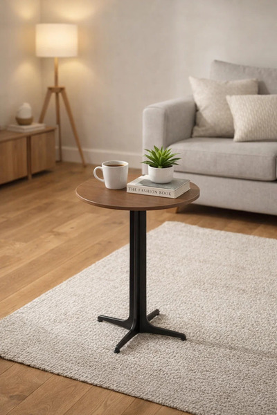 MARIA HOMES Modern Brown Round Coffee Table with Wooden Top and Metal Base fo...