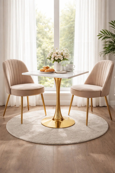 MARIA HOMES Square White Marble Style Café Table with Gold Base 70 × 70 × 75 cm