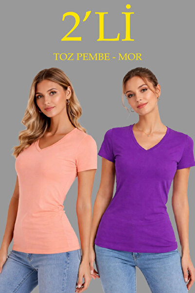 LUMİART Women's 2-Pack V-Neck T-Shirts – Short Sleeve Summer Slim Fit Bodysui...