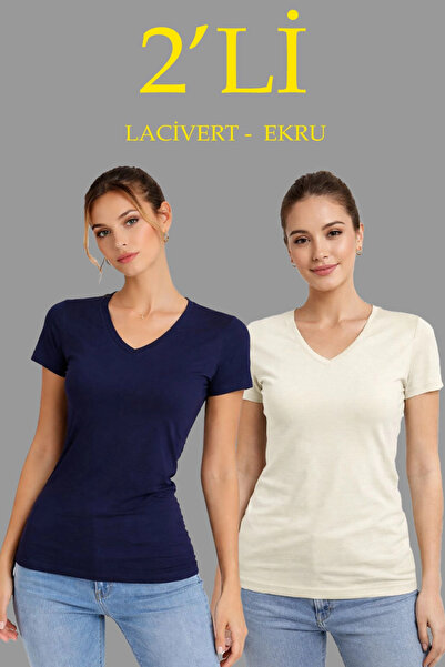 LUMİART Women's 2-Pack V-Neck T-Shirts – Short Sleeve Summer Slim Fit Bodysui...