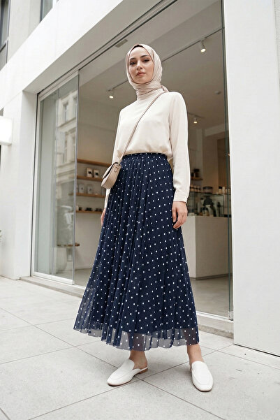 MODAQU Polka Dot Piece Elasticated Skirt in Lined Navy Blue Tulle