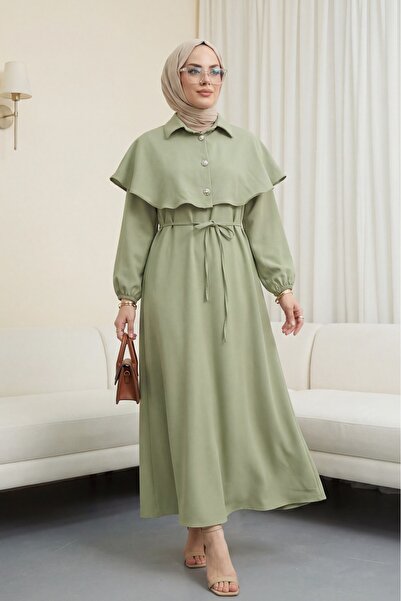 Modamorfo Collared Cape Detailed Crepe Dress with Belt Elastic Sleeves -Çağla Y.