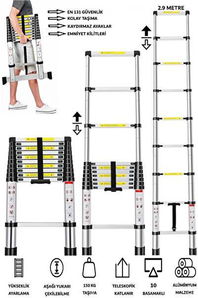TEKNETSTORE Alüminyum Katlanır Merdiven 2.9 Metre 10 Basamak