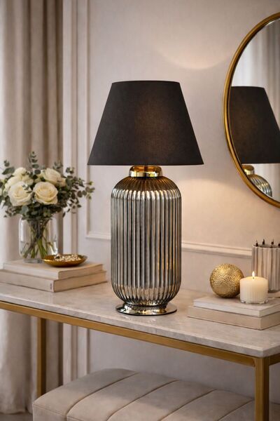 MARS CONCEPT Modern Füme Cam Gövdeli Siyah Şapkalı Dekoratif Masa Lambası - A...