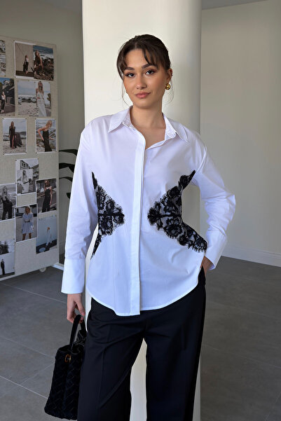 MAGARDE Риза с дантелени детайли и копчета - БЯЛА