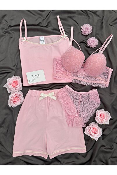 Lena Homewears Women's Underwear F Bow Detail Shorts Pajama Set