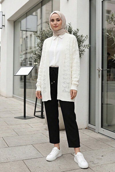 MODAQU Patterned Knitted Knitwear Cardigan -Ecru