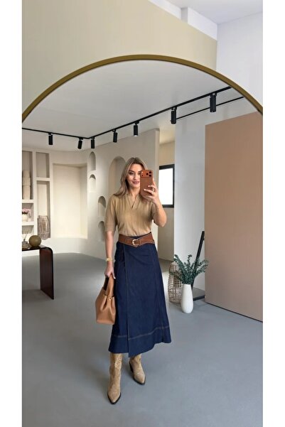 QİMYA BUTİK 4S Women Women's Full Fit Belt Pack Wrap Midi Length Denim Skirt