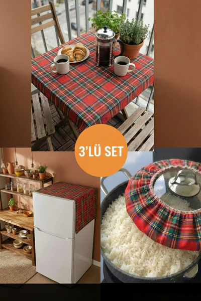 MiniStand طقم مطبخ سكوتش دي منقوش مكون من 3 قطع - غطاء ثلاجة، غطاء إبريق الشا...