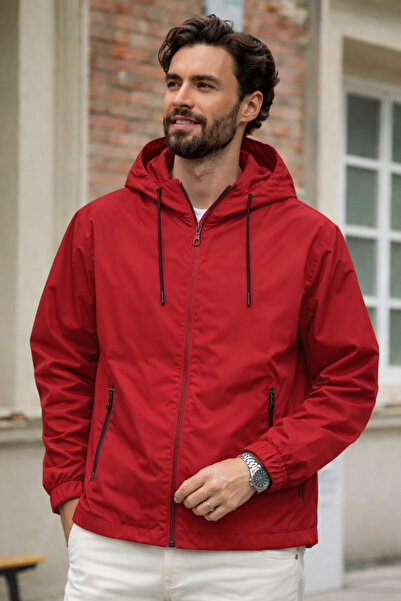 DAMGA JEANS Men's Trend Red Zippered Raincoat