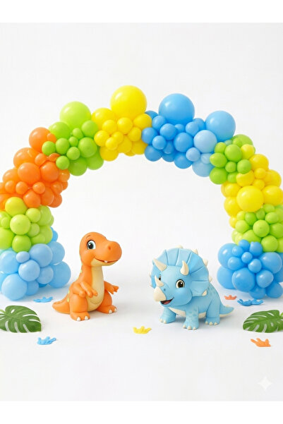 party mix Dinozor Doğum Günü Balon Zinciri Seti 65’li | Turuncu Sarı Yeşil Ma...
