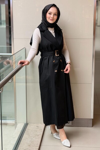 Nurcan Çetin Kruvaze Yaka Kuşaklı Kolsuz Trençkot