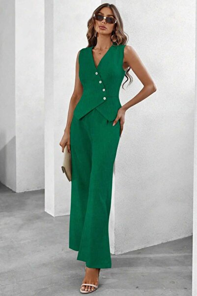 JustFab ✨Women’s Green Two-Piece Suit Set – Sleeveless Buttoned Vest & Wide L...