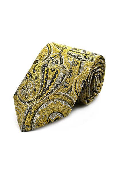 Sade Kravat Yellow Black Gray Shawl Patterned Special Woven Tie 33227 Yellow