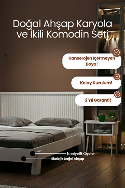 RENAZZO Ebruli Dikey Çizgili Başlıklı Masif Çam Karyola ve İki Adet Komodin S...