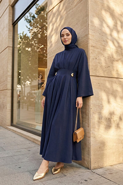 MODAQU Belt Piece Pleated Detailed Long Dress - Navy Blue