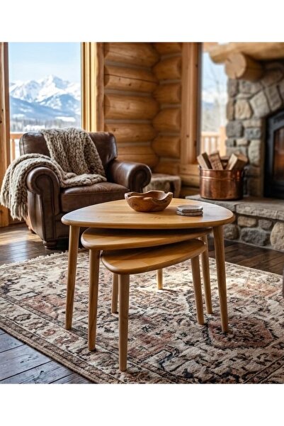 Senka Wood Damla Masif Doğal Ahşap Zigon Sehpa 3'lü Set