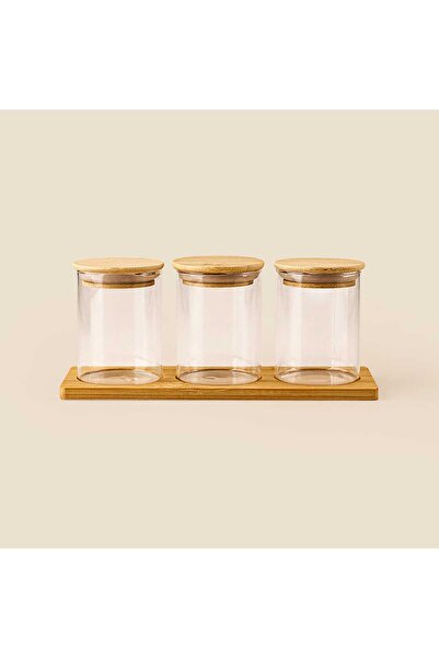 MATMEL طقم منزلي مكون من بامبو برطمانات زجاجية مع غطاء وصينية - شفاف / بني فا...