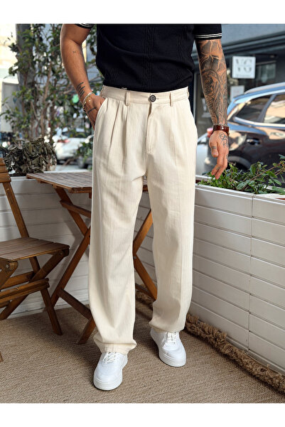 manch collection Pleated Baggy Linen Trousers Cream