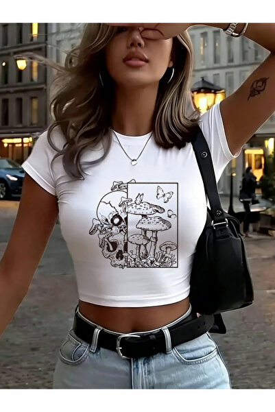 NOISSEY Skeleton Mushroom Butterfly Prints Femei Crop T tricou Vară High Elas...