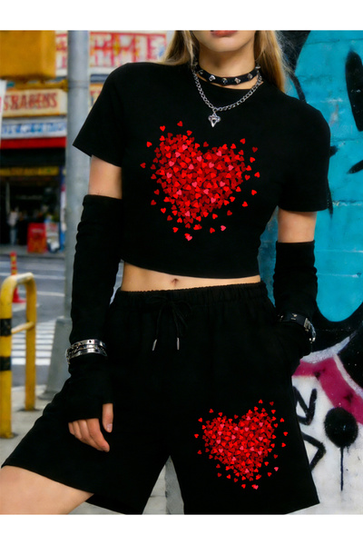 NOISSEY Summer Red Heart Graphic Printed Babby Teet-Shirt Shorts Women Two Pi...