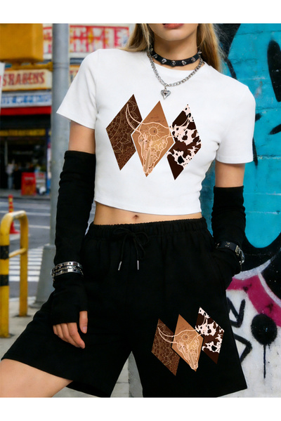 NOISSEY Topuri crop cu imprimeu grafic în stil cowboy de vară Pantaloni scurț...