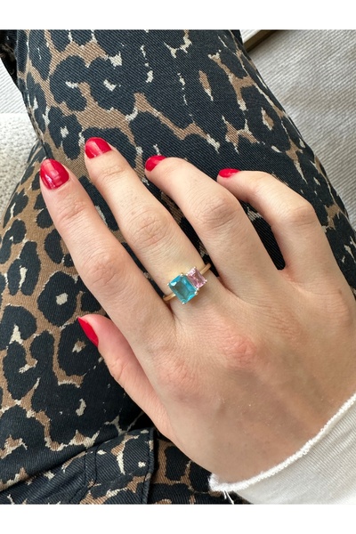 ringbox Gold Blue Double Rectangular Ring