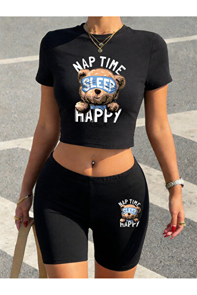 NOISSEY Trend Cartoon Bear Bedtime Happy Printed Babby Teet-Shirt Shorts Wome...