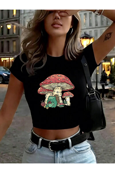 NOISSEY Frog Under Mushroom με τύπωμα Γυναικείο Babby Tee Καλοκαιρινό μπλουζά...