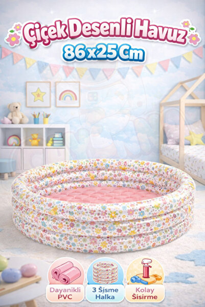 cayenna Çiçek Desenli Şişme Çocuk Havuzu 86 x 25 cm – 3 Halkalı Dayanıklı PVC...