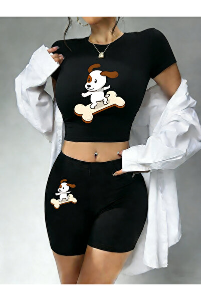 NOISSEY Summer Cartoons Dog Print Crop tricou și pantaloni scurți Femei Setur...