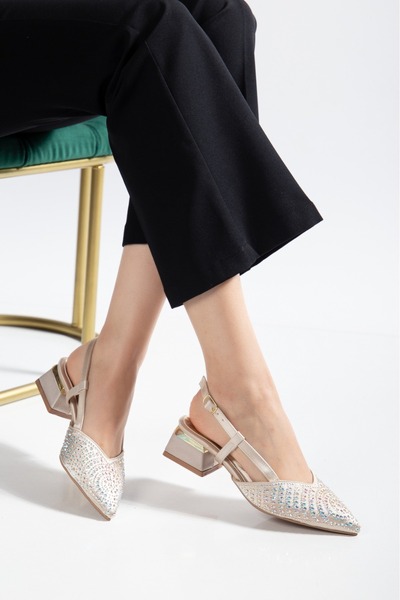 bolmar Kadın Bej Payet Taşlı Kısa Topuklu Rahat Abiye Ayakkabı