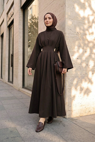 MODAQU Belt Piece Pleated Detailed Modal Long Dress - Camouflage Khaki