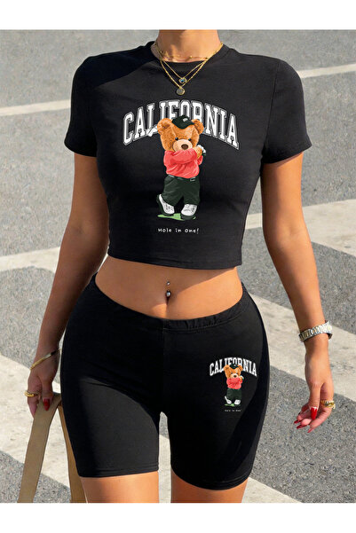 NOISSEY Hot Sweet California Golf Bear Print Crop Tops and Shorts Women Two P...