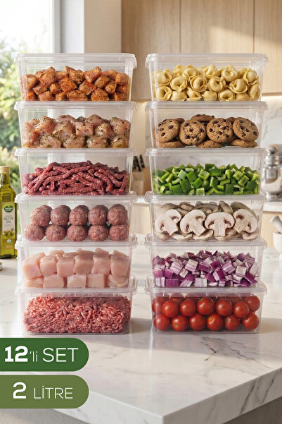 Vienev Set de 12 recipiente transparente de depozitare cu capac fix de 2 litr...