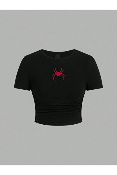 NOISSEY Απλά κόκκινα μπλουζάκια με στάμπα αράχνης Summer Street Fashion Γυναι...