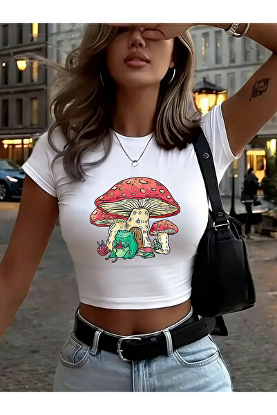 NOISSEY Frog Knit Mushroom House Prints Crop topuri pentru femei Tricouri sub...